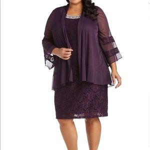 Plum Lace Shift Dress and Sheer Bell-Sleeved Jacket